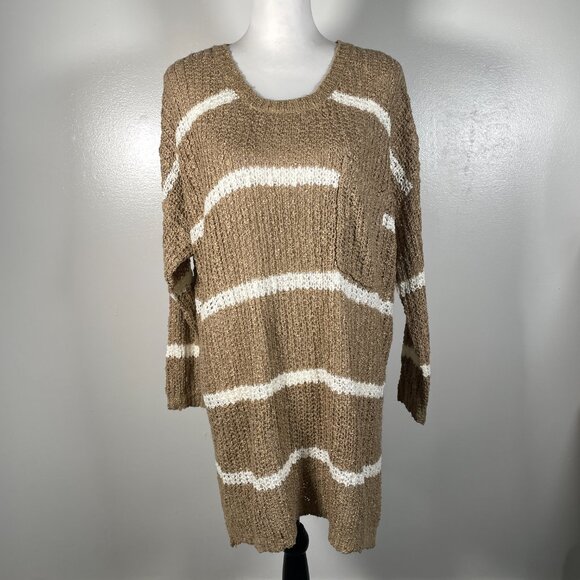 Double Zero Brown White Stripes Round Crew Neck Long Sleeve Knit Sweater M - Picture 2 of 14